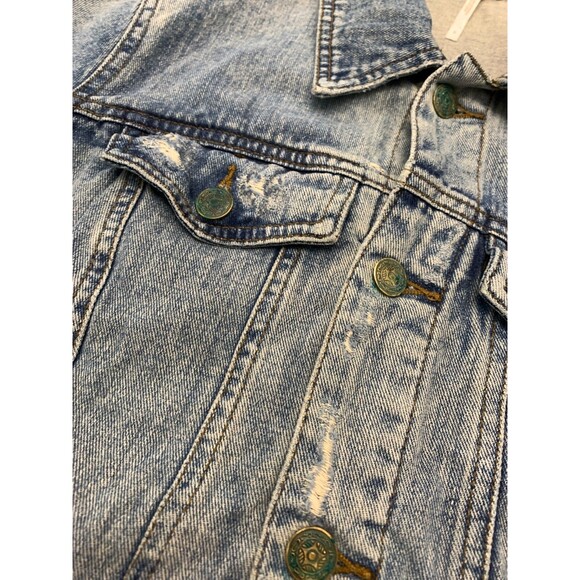 Free People Jacket Womens 6 Denim Trucker Distressed Fitted Cropped Pre-Washed - Picture 2 of 8